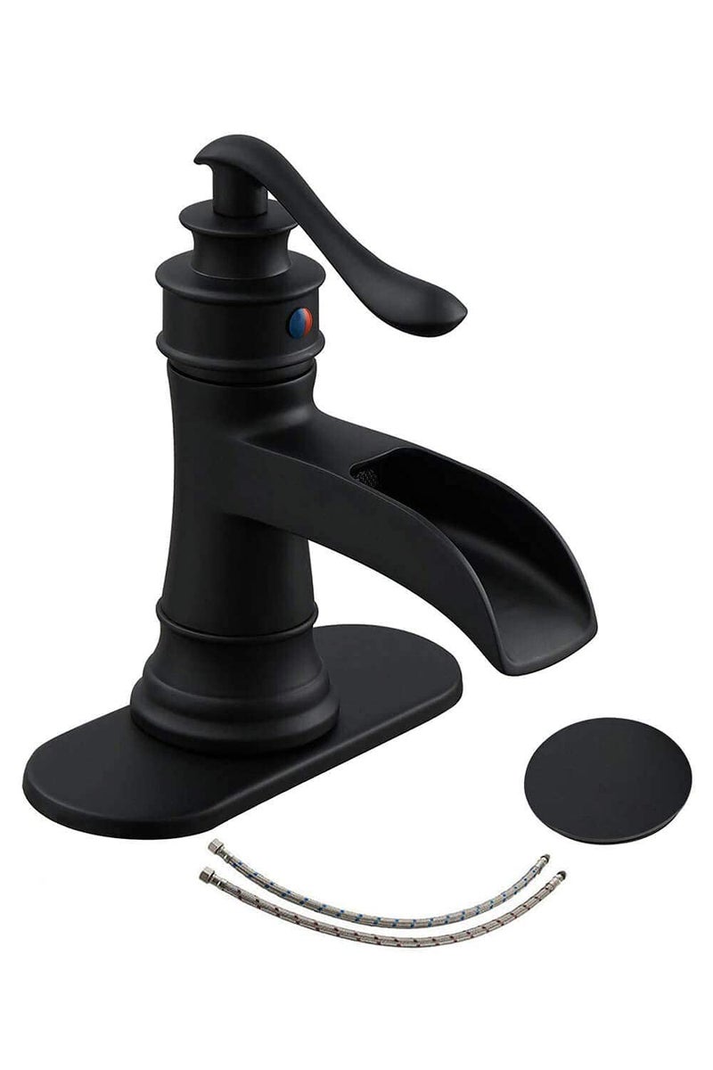 Homevacious Black Bathroom Faucet Matte Waterfall Sink Farmhouse Vanity Single Hole Faucets One Handle Basin Antique centerset with Pop Up Drain Stopper Mixer Tap Overflow Supply Line by Homevacious - Image 1
